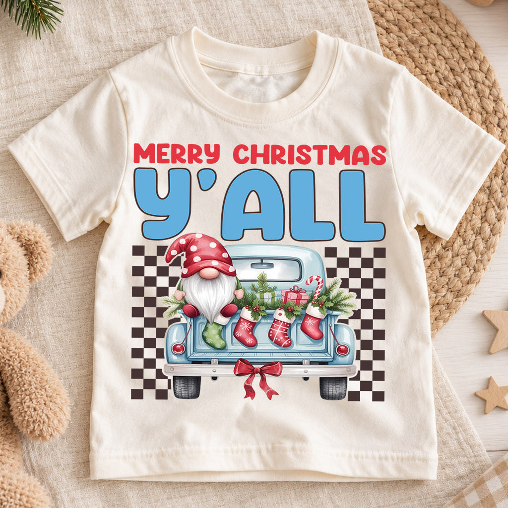 Christmas Kids Shirt, Merry Christmas Y'all Tee, Cute Santa Gnome Holiday Truck Shirt, Southern Christmas Outfit for Boys Girls, Winter Tee — product view 1
