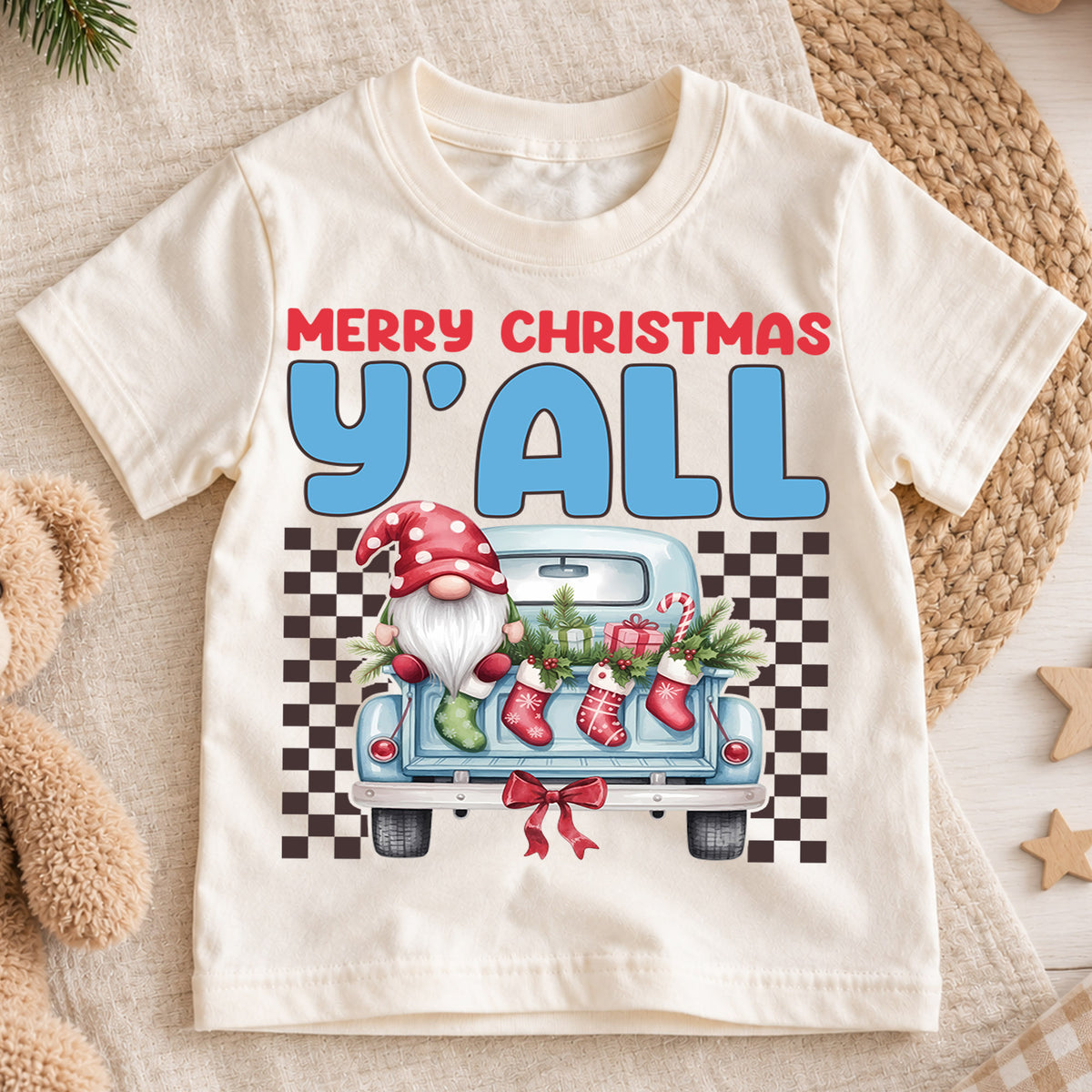 Christmas Kids Shirt, Merry Christmas Y'all Tee, Cute Santa Gnome Holiday Truck Shirt, Southern Christmas Outfit for Boys Girls, Winter Tee — product view 1