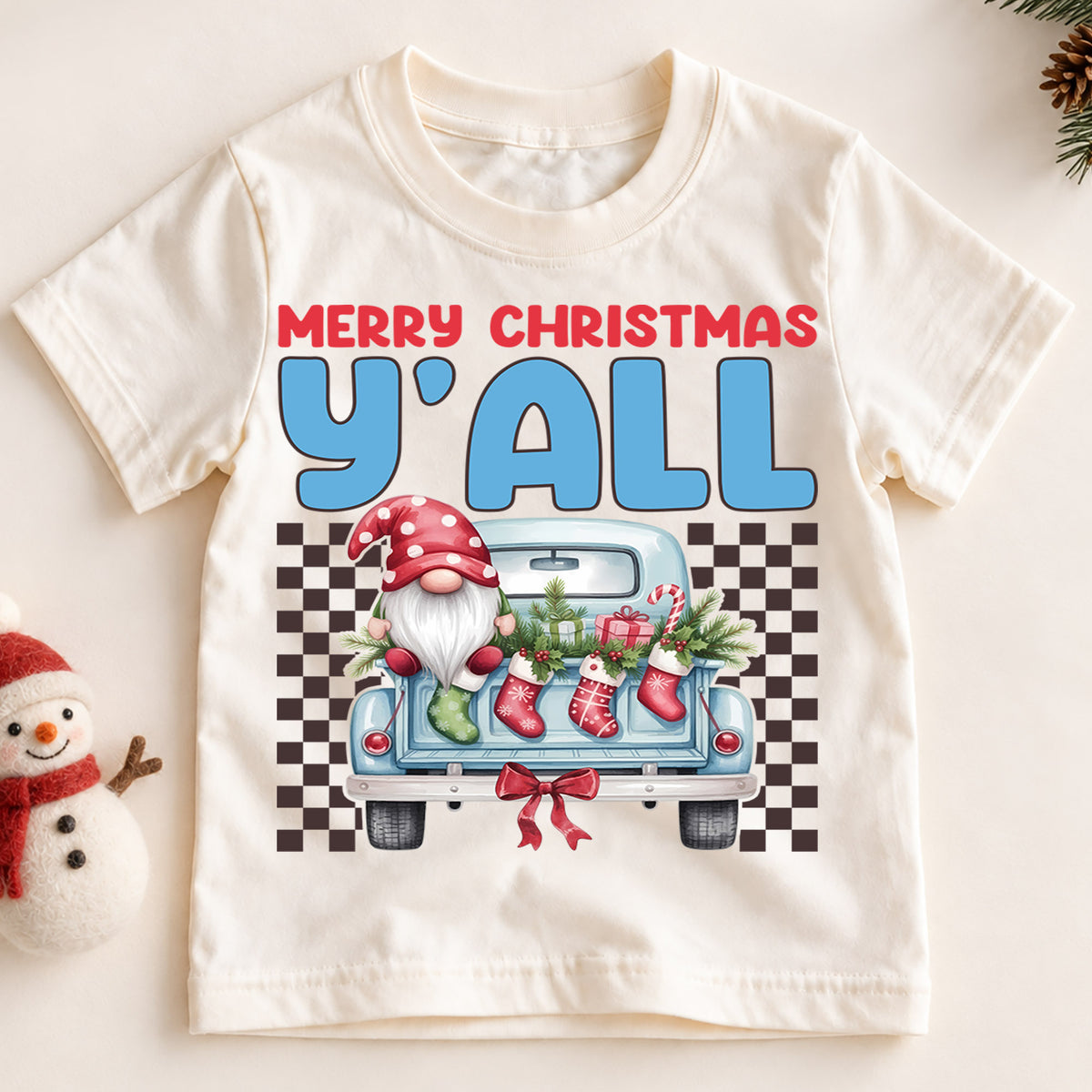 Christmas Kids Shirt, Merry Christmas Y'all Tee, Cute Santa Gnome Holiday Truck Shirt, Southern Christmas Outfit for Boys Girls, Winter Tee — product view 2