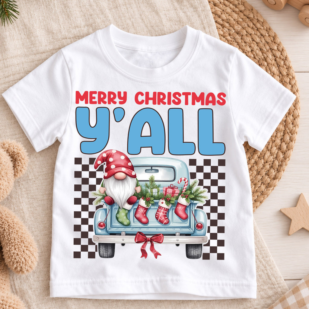 Christmas Kids Shirt, Merry Christmas Y'all Tee, Cute Santa Gnome Holiday Truck Shirt, Southern Christmas Outfit for Boys Girls, Winter Tee — product view 3