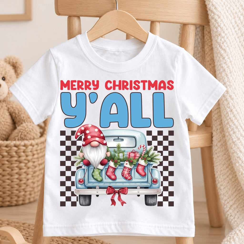 Christmas Kids Shirt, Merry Christmas Y'all Tee, Cute Santa Gnome Holiday Truck Shirt, Southern Christmas Outfit for Boys Girls, Winter Tee — product view 4