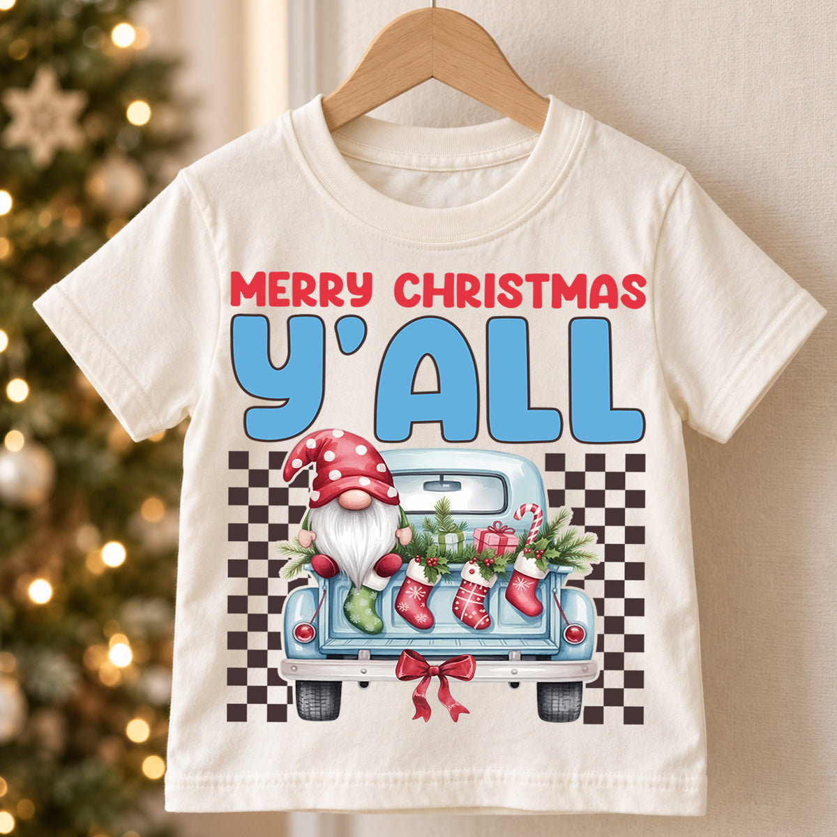 Christmas Kids Shirt, Merry Christmas Y'all Tee, Cute Santa Gnome Holiday Truck Shirt, Southern Christmas Outfit for Boys Girls, Winter Tee — product view 5
