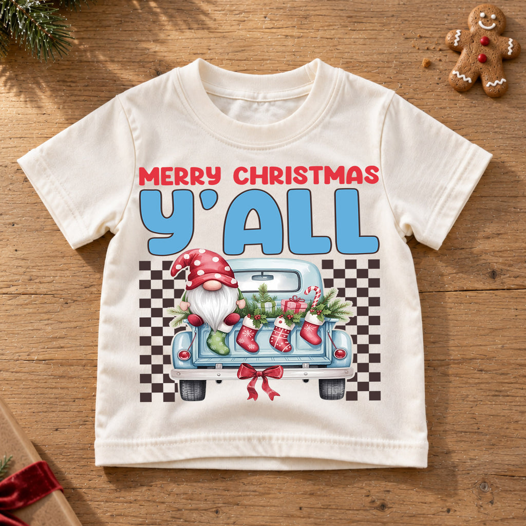 Christmas Kids Shirt, Merry Christmas Y'all Tee, Cute Santa Gnome Holiday Truck Shirt, Southern Christmas Outfit for Boys Girls, Winter Tee — product view 6