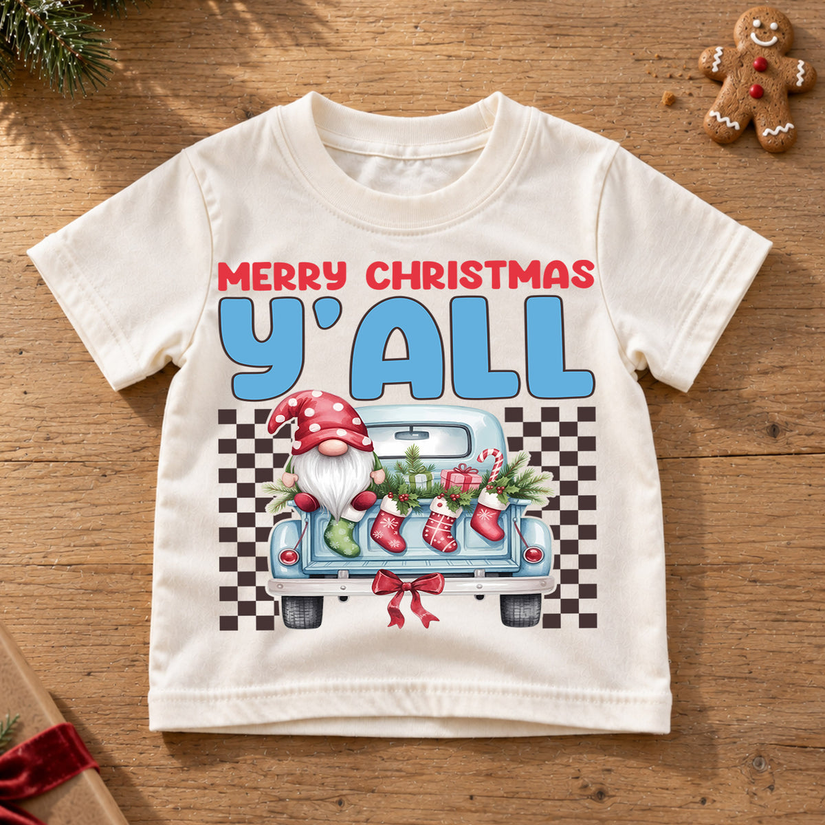 Christmas Kids Shirt, Merry Christmas Y'all Tee, Cute Santa Gnome Holiday Truck Shirt, Southern Christmas Outfit for Boys Girls, Winter Tee — product view 6