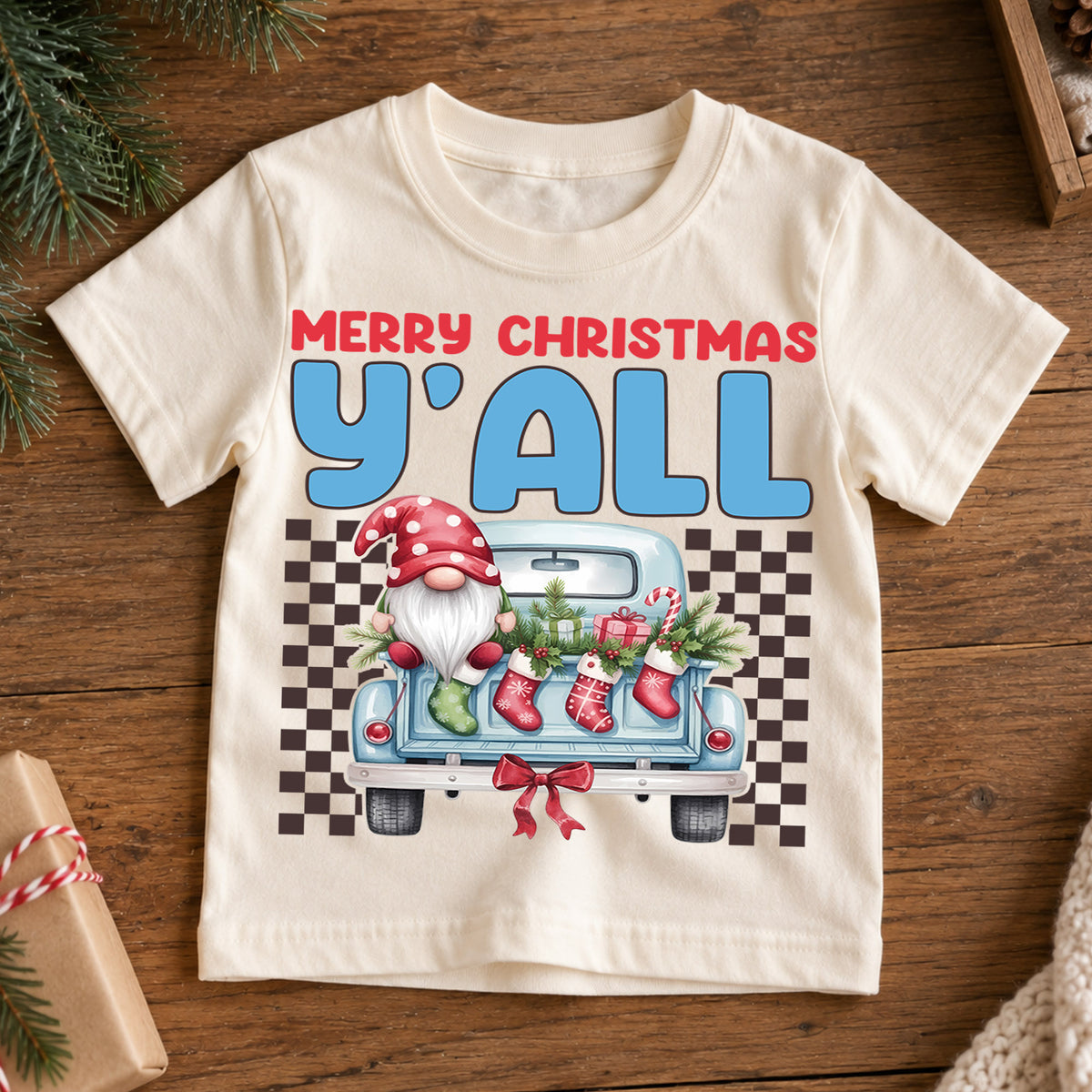 Christmas Kids Shirt, Merry Christmas Y'all Tee, Cute Santa Gnome Holiday Truck Shirt, Southern Christmas Outfit for Boys Girls, Winter Tee — product view 7