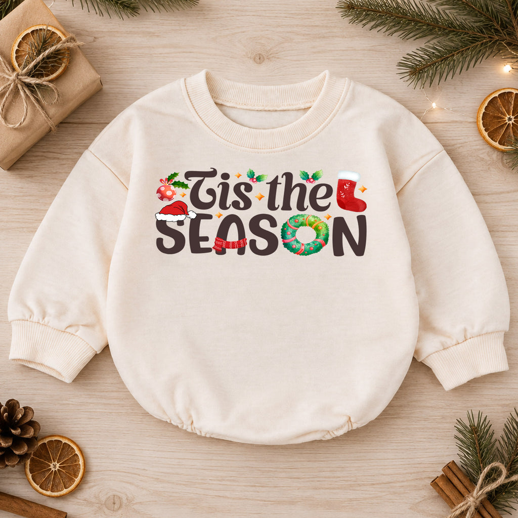 Tis the Season Christmas Baby Romper, Festive Holiday Typography Outfit, 1st Santa Hat Wreath Xmas Romper, Cute Christmas Gift for Baby — product view 1