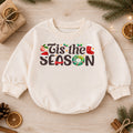 Tis the Season Christmas Baby Romper, Festive Holiday Typography Outfit, 1st Santa Hat Wreath Xmas Romper, Cute Christmas Gift for Baby — product view 1