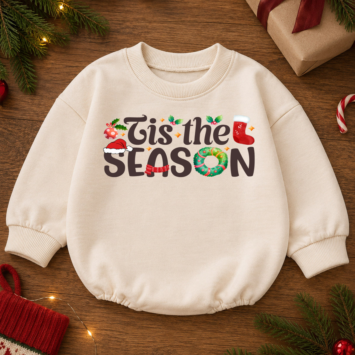 Tis the Season Christmas Baby Romper, Festive Holiday Typography Outfit, 1st Santa Hat Wreath Xmas Romper, Cute Christmas Gift for Baby — product view 2