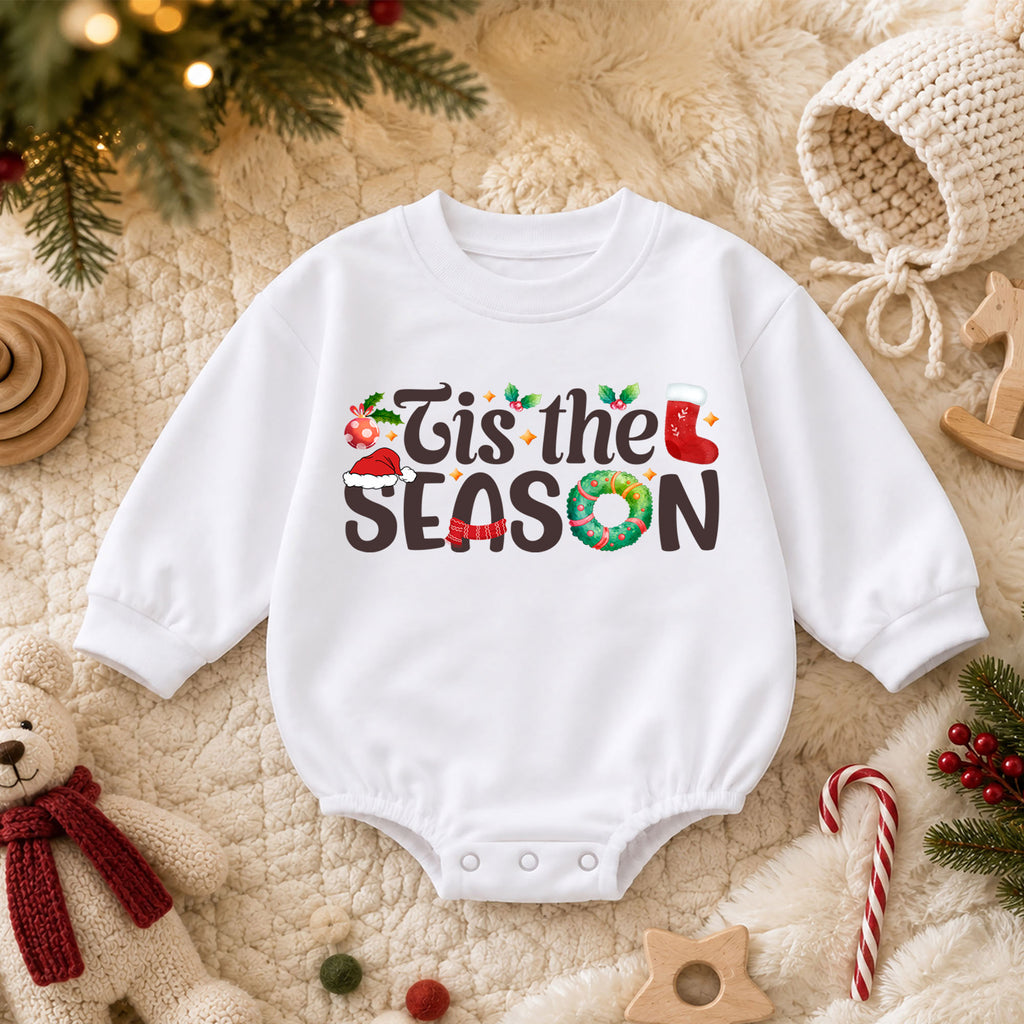 Tis the Season Christmas Baby Romper, Festive Holiday Typography Outfit, 1st Santa Hat Wreath Xmas Romper, Cute Christmas Gift for Baby — product view 3