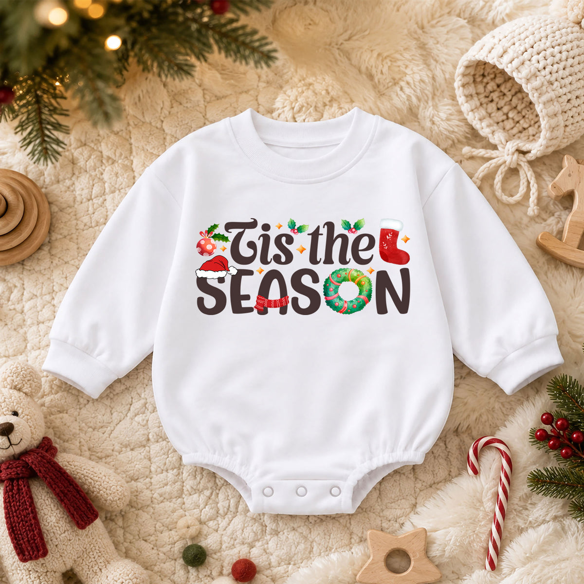 Tis the Season Christmas Baby Romper, Festive Holiday Typography Outfit, 1st Santa Hat Wreath Xmas Romper, Cute Christmas Gift for Baby — product view 3