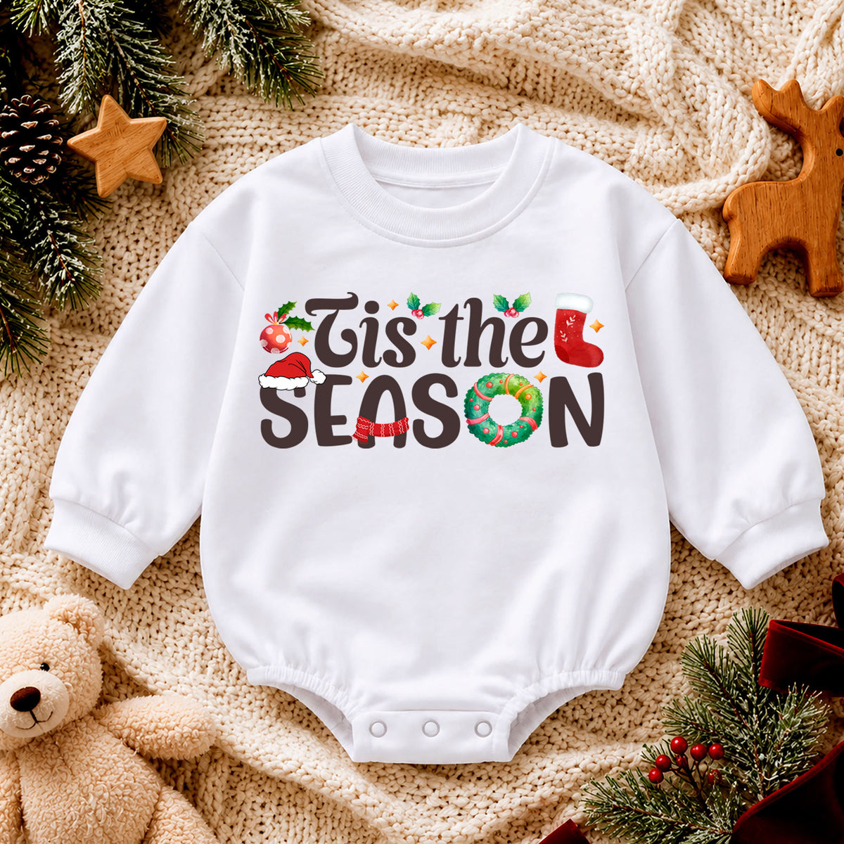 Tis the Season Christmas Baby Romper, Festive Holiday Typography Outfit, 1st Santa Hat Wreath Xmas Romper, Cute Christmas Gift for Baby — product view 4
