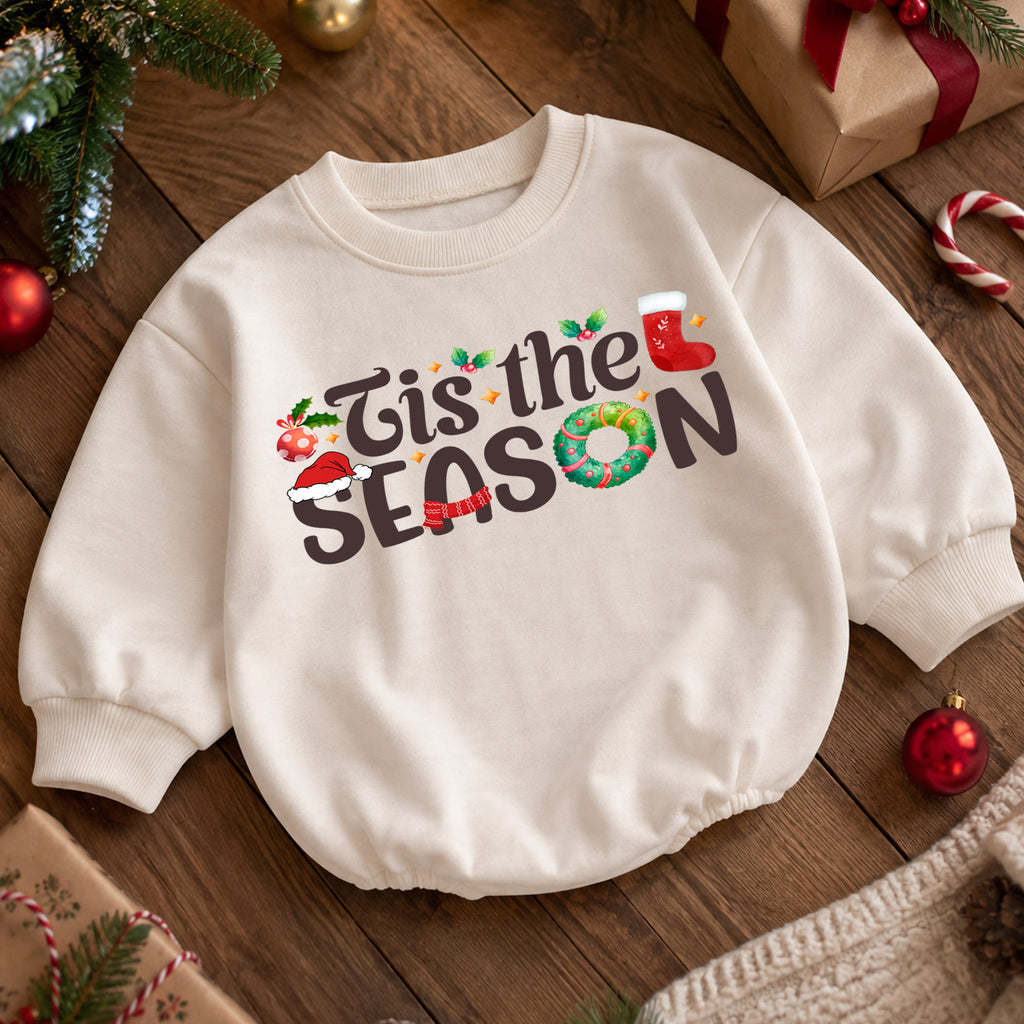 Tis the Season Christmas Baby Romper, Festive Holiday Typography Outfit, 1st Santa Hat Wreath Xmas Romper, Cute Christmas Gift for Baby — product view 5