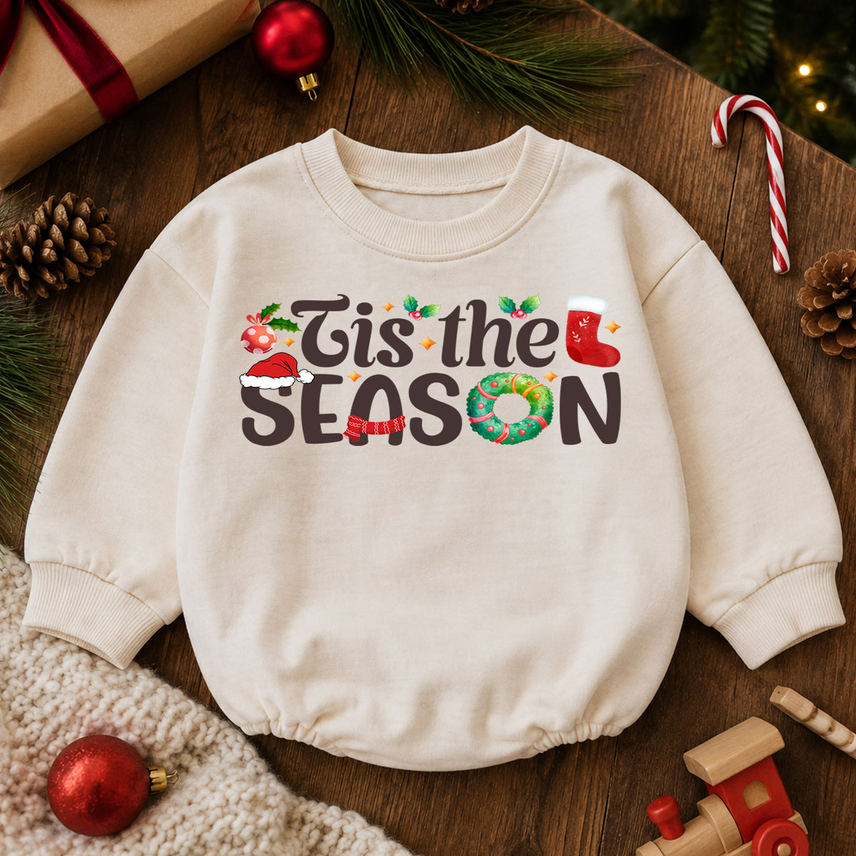 Tis the Season Christmas Baby Romper, Festive Holiday Typography Outfit, 1st Santa Hat Wreath Xmas Romper, Cute Christmas Gift for Baby — product view 6