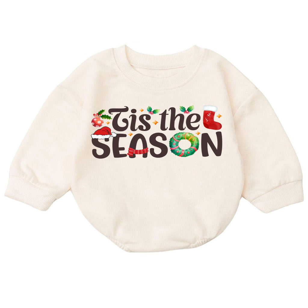 Tis the Season Christmas Baby Romper, Festive Holiday Typography Outfit, 1st Santa Hat Wreath Xmas Romper, Cute Christmas Gift for Baby — product view 7