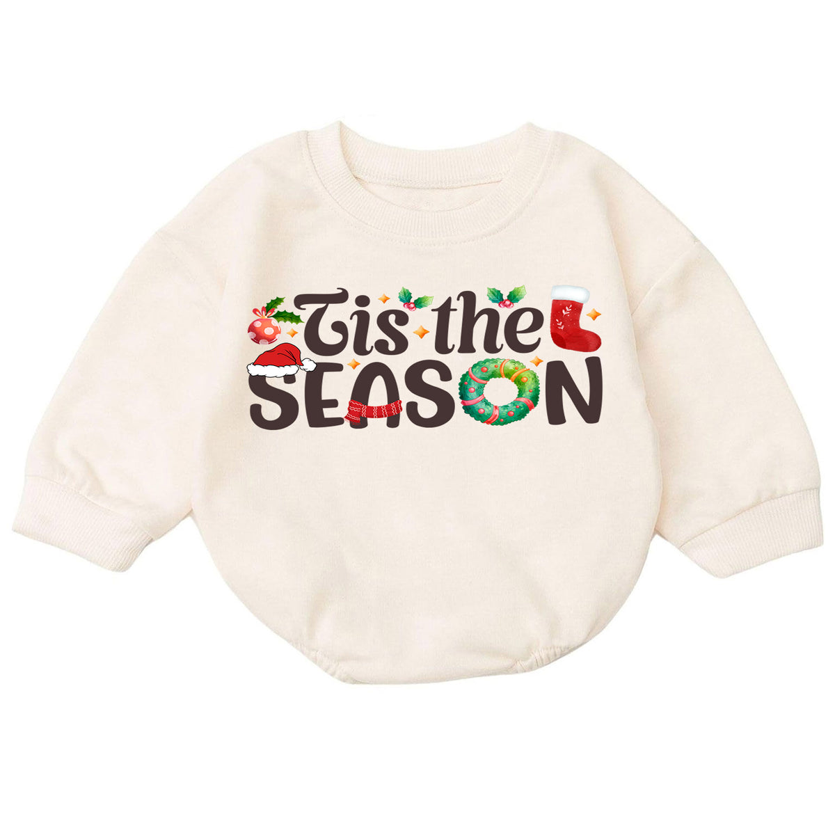 Tis the Season Christmas Baby Romper, Festive Holiday Typography Outfit, 1st Santa Hat Wreath Xmas Romper, Cute Christmas Gift for Baby — product view 7