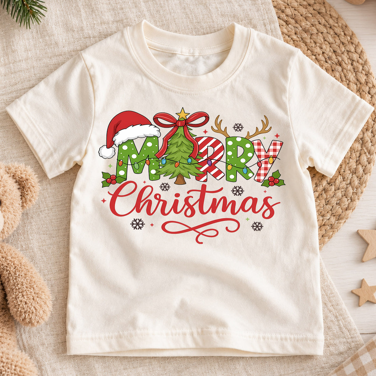 Merry Christmas Plaid Shirt, Toddler Holiday Tee, Buffalo Check Xmas Tree Top, Cute Winter Kids Shirt, Holiday Party Outfit, Gift Kids Tee — product view 1