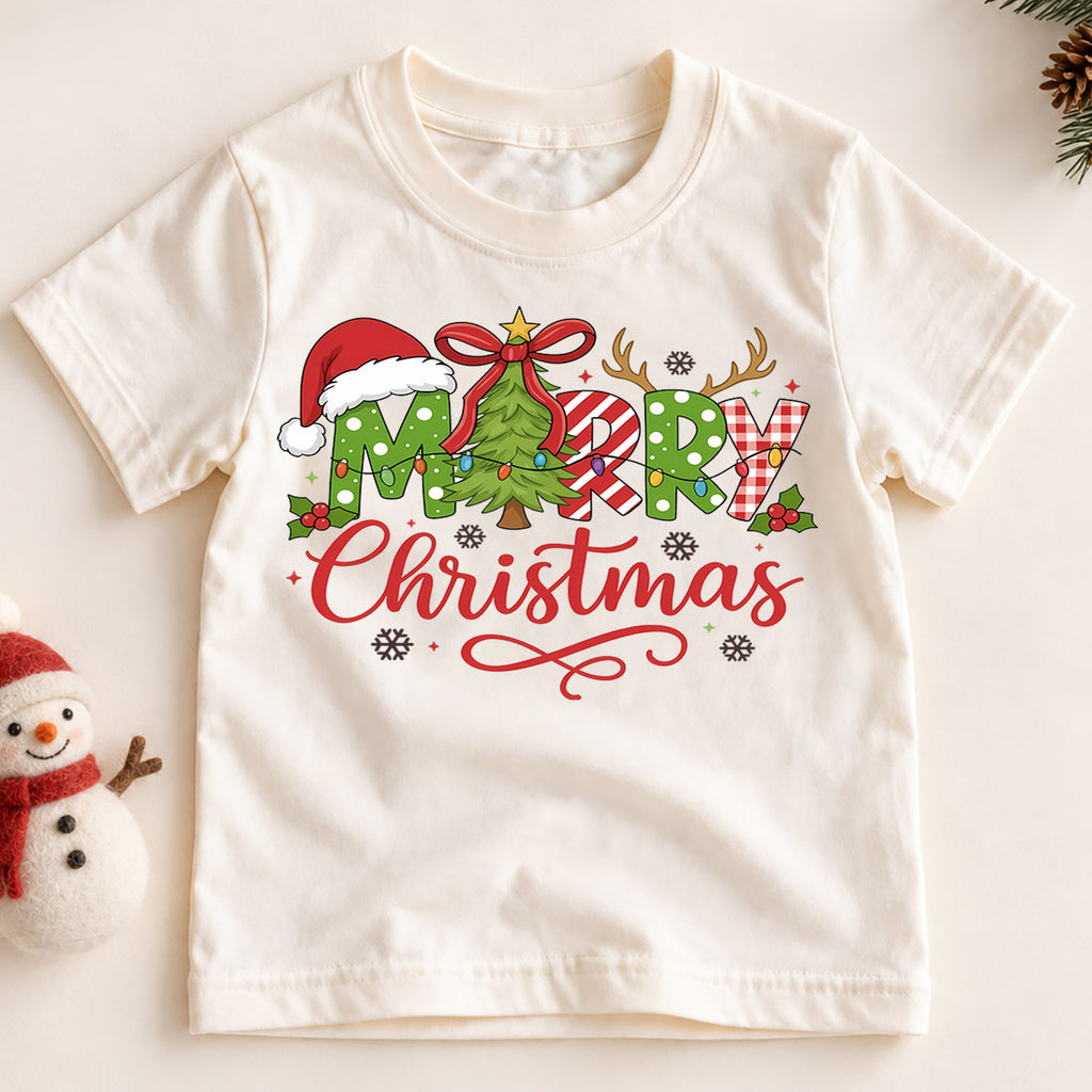 Merry Christmas Plaid Shirt, Toddler Holiday Tee, Buffalo Check Xmas Tree Top, Cute Winter Kids Shirt, Holiday Party Outfit, Gift Kids Tee — product view 2