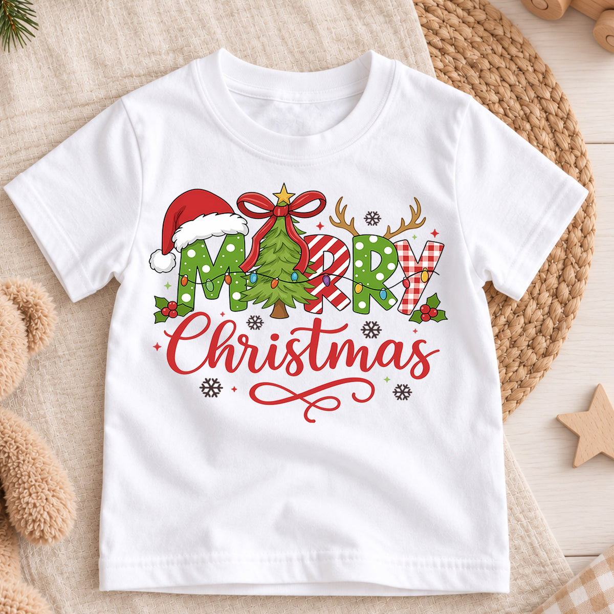 Merry Christmas Plaid Shirt, Toddler Holiday Tee, Buffalo Check Xmas Tree Top, Cute Winter Kids Shirt, Holiday Party Outfit, Gift Kids Tee — product view 3