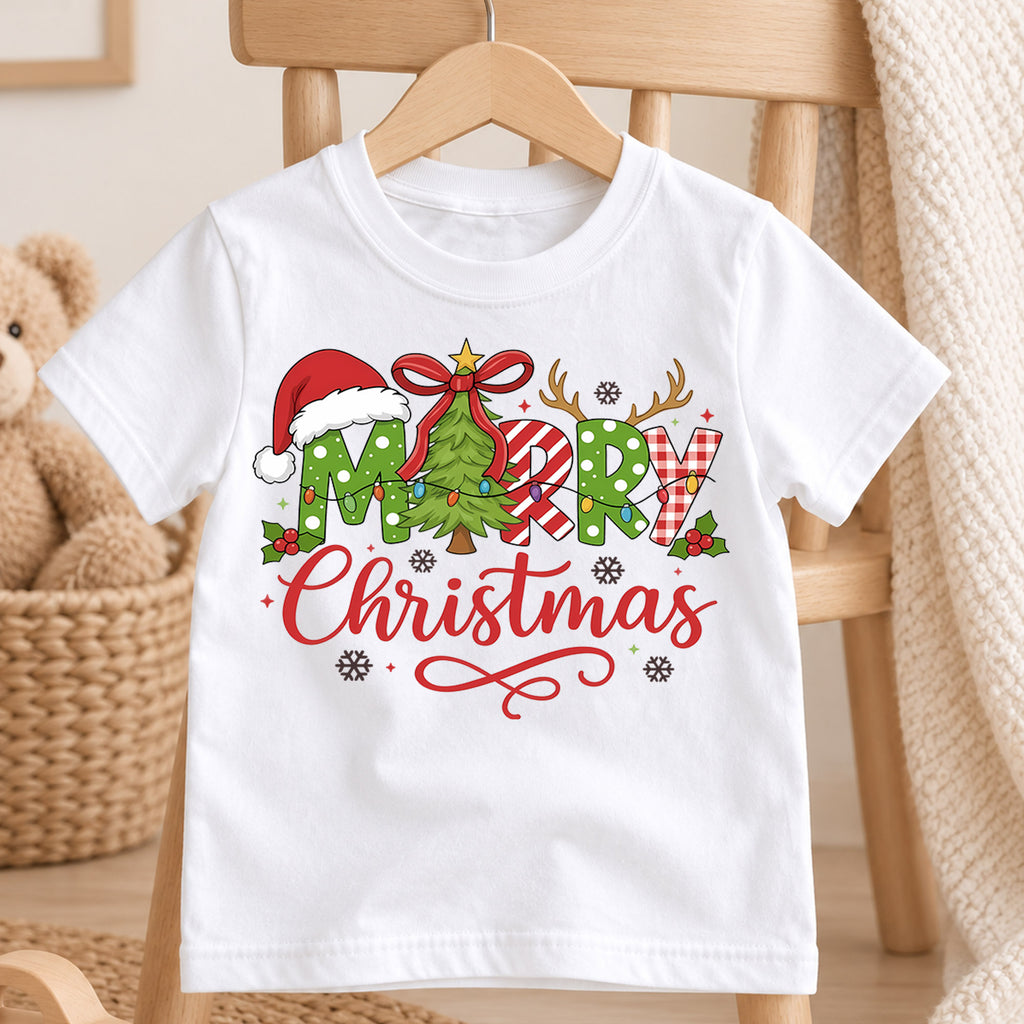 Merry Christmas Plaid Shirt, Toddler Holiday Tee, Buffalo Check Xmas Tree Top, Cute Winter Kids Shirt, Holiday Party Outfit, Gift Kids Tee — product view 4