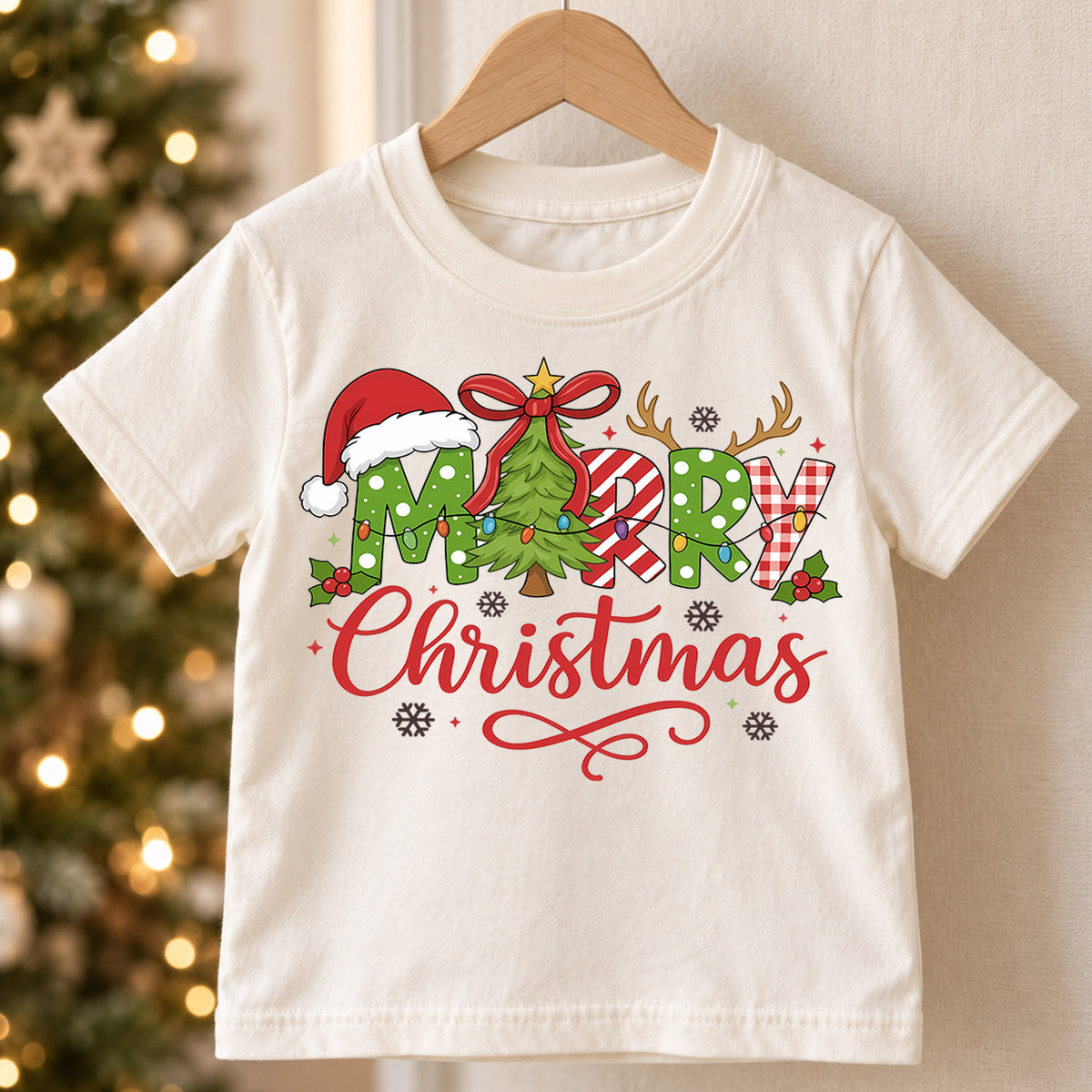 Merry Christmas Plaid Shirt, Toddler Holiday Tee, Buffalo Check Xmas Tree Top, Cute Winter Kids Shirt, Holiday Party Outfit, Gift Kids Tee — product view 5