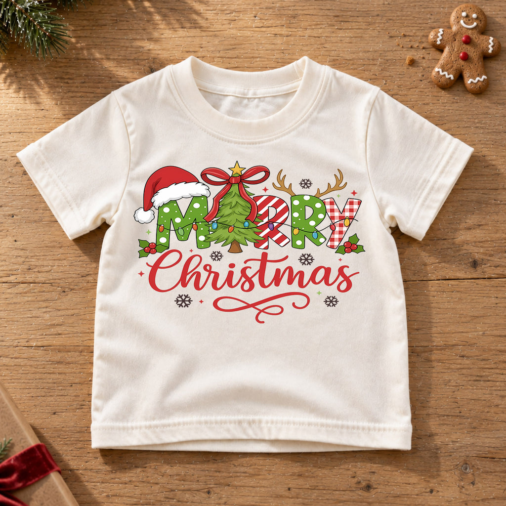 Merry Christmas Plaid Shirt, Toddler Holiday Tee, Buffalo Check Xmas Tree Top, Cute Winter Kids Shirt, Holiday Party Outfit, Gift Kids Tee — product view 6