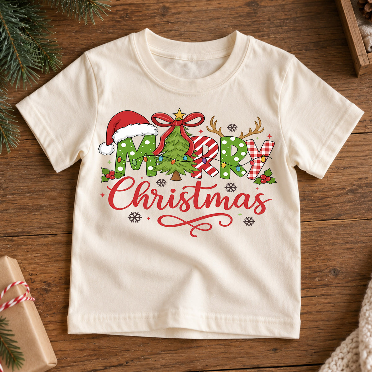 Merry Christmas Plaid Shirt, Toddler Holiday Tee, Buffalo Check Xmas Tree Top, Cute Winter Kids Shirt, Holiday Party Outfit, Gift Kids Tee — product view 7