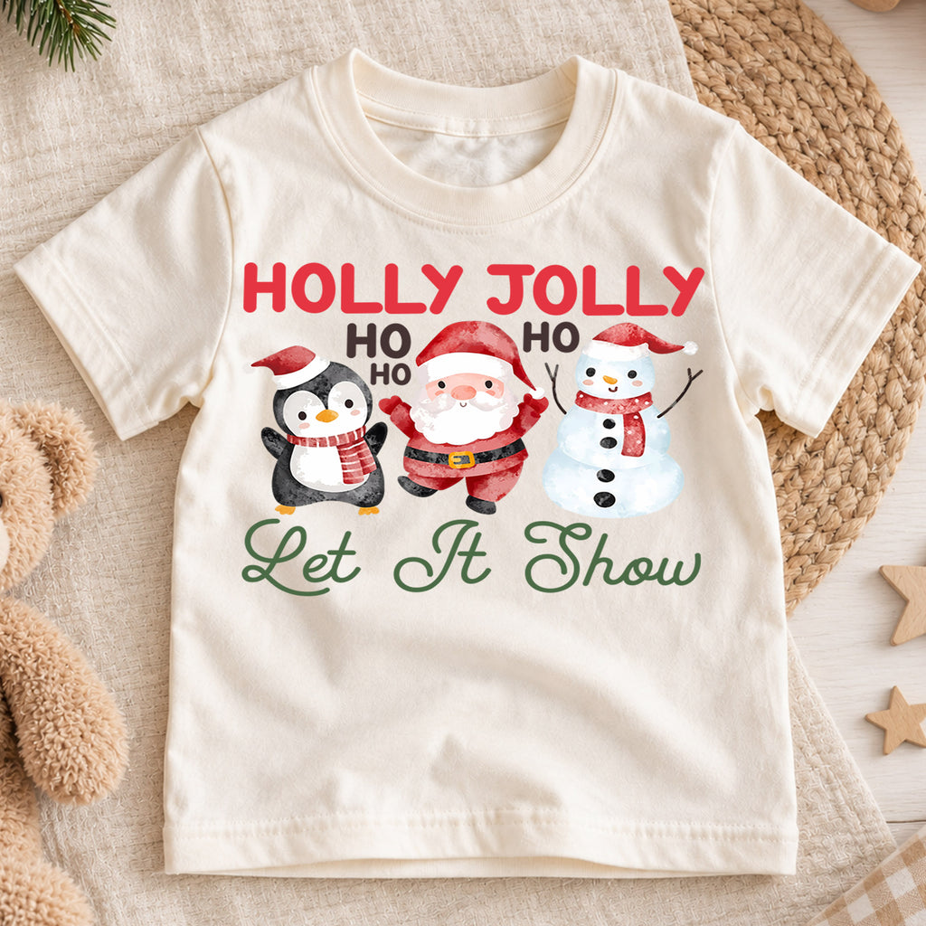 Christmas Kids Shirt, Holly Jolly Penguin Santa Snowman Tee, Cute Let It Snow Holiday Outfit, Cute Festive Winter Shirt for Boys Girls — product view 1