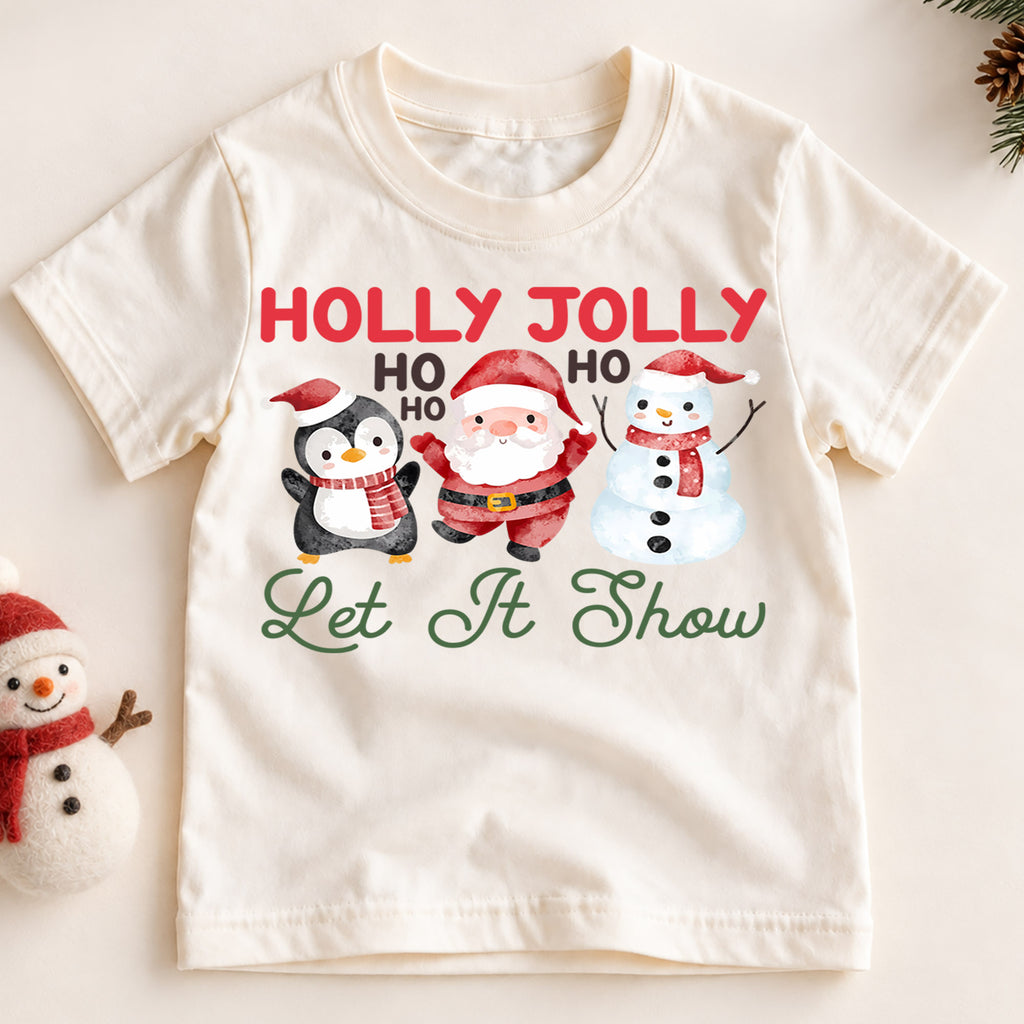 Christmas Kids Shirt, Holly Jolly Penguin Santa Snowman Tee, Cute Let It Snow Holiday Outfit, Cute Festive Winter Shirt for Boys Girls — product view 2
