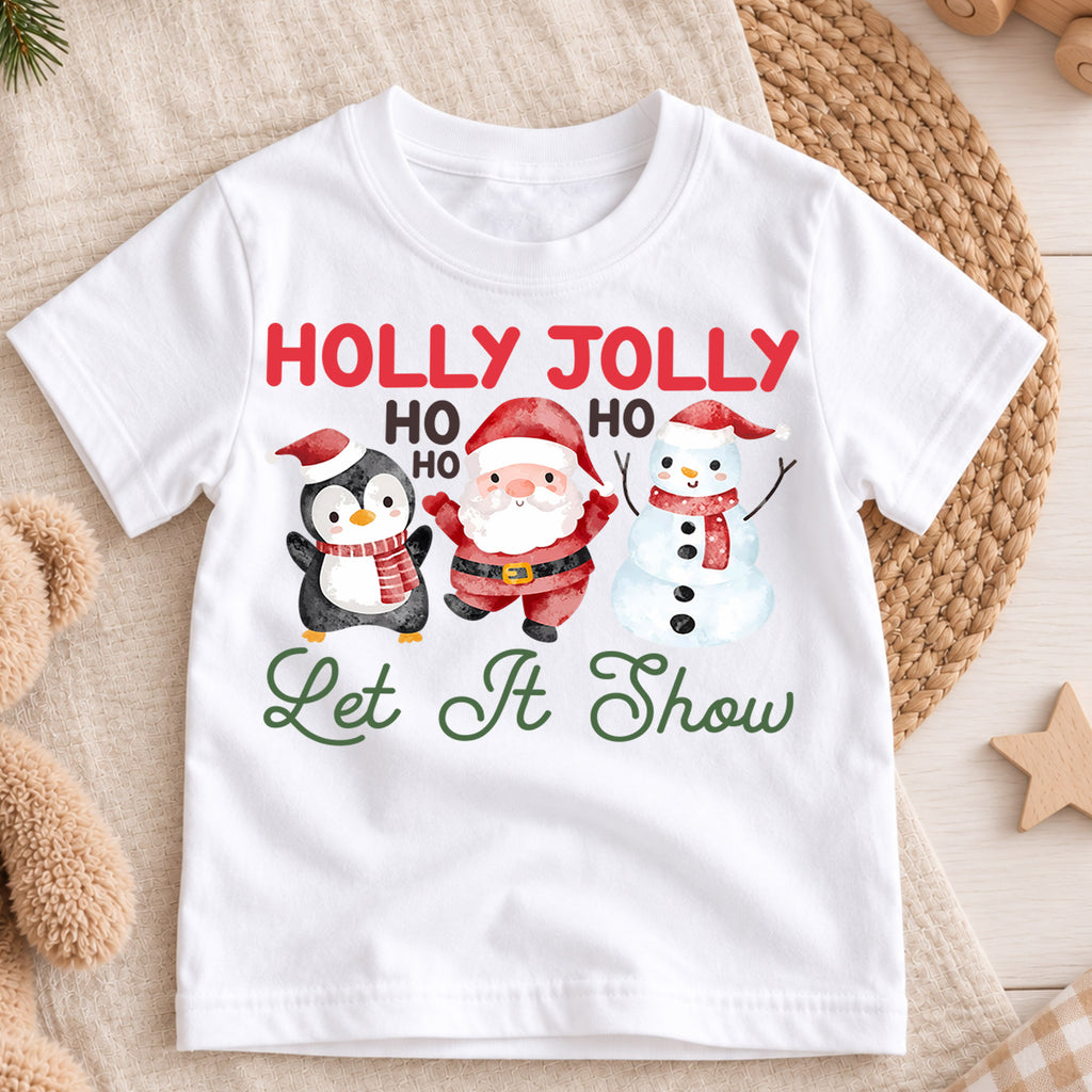 Christmas Kids Shirt, Holly Jolly Penguin Santa Snowman Tee, Cute Let It Snow Holiday Outfit, Cute Festive Winter Shirt for Boys Girls — product view 3
