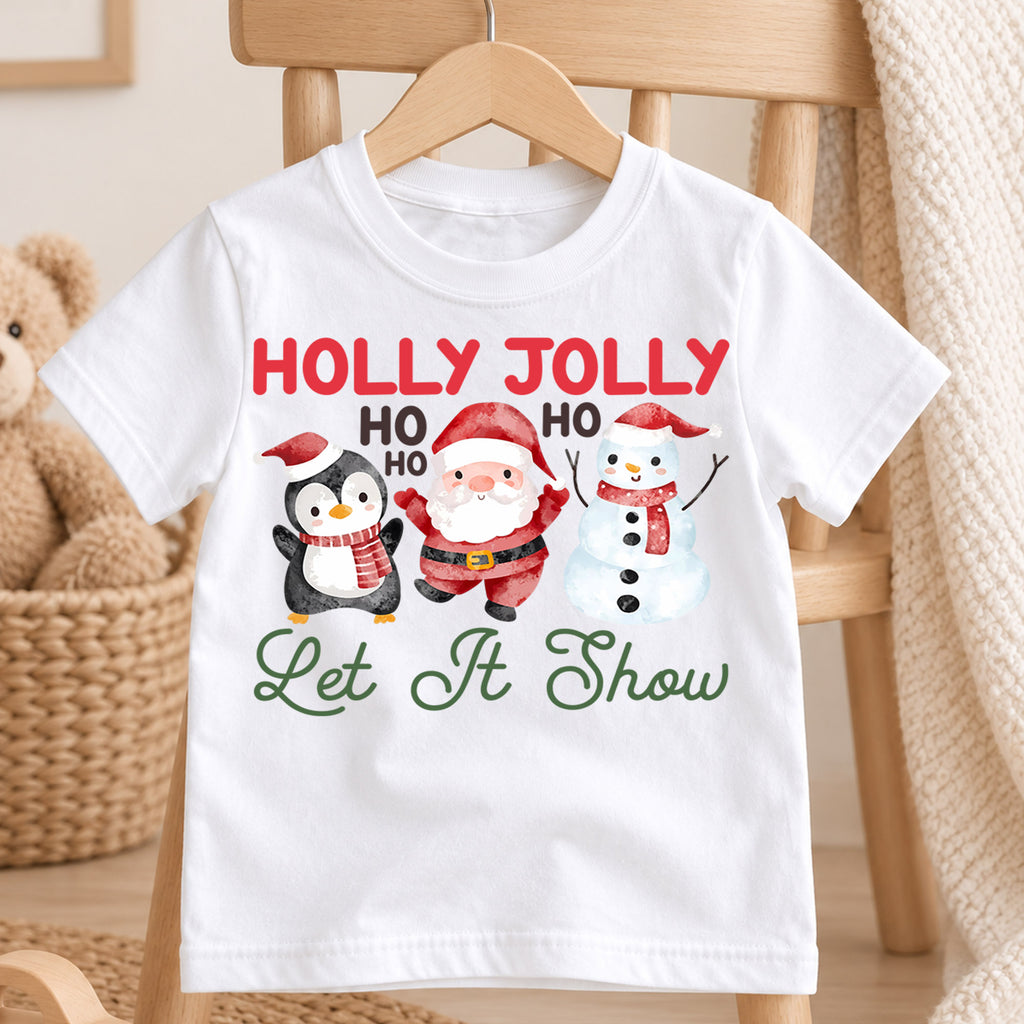 Christmas Kids Shirt, Holly Jolly Penguin Santa Snowman Tee, Cute Let It Snow Holiday Outfit, Cute Festive Winter Shirt for Boys Girls — product view 4