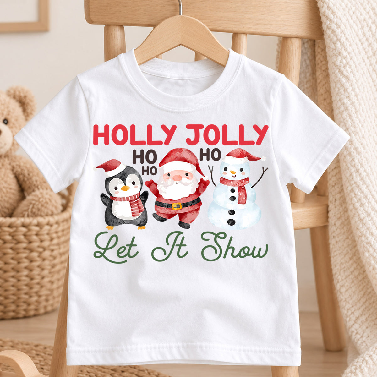 Christmas Kids Shirt, Holly Jolly Penguin Santa Snowman Tee, Cute Let It Snow Holiday Outfit, Cute Festive Winter Shirt for Boys Girls — product view 4
