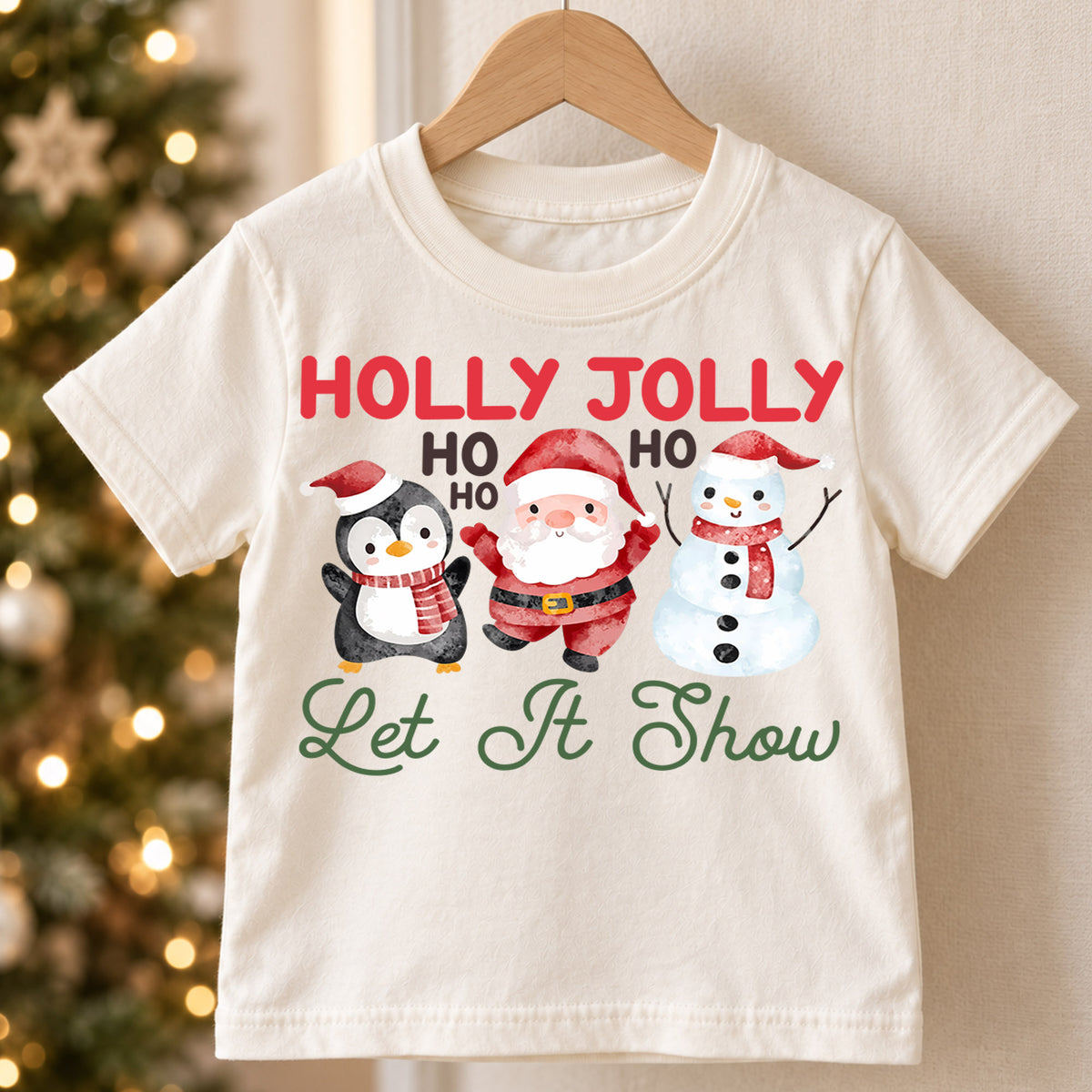 Christmas Kids Shirt, Holly Jolly Penguin Santa Snowman Tee, Cute Let It Snow Holiday Outfit, Cute Festive Winter Shirt for Boys Girls — product view 5