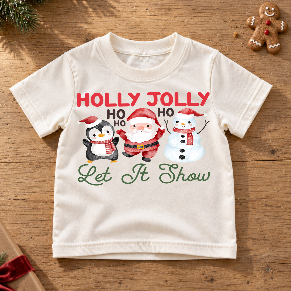 Christmas Kids Shirt, Holly Jolly Penguin Santa Snowman Tee, Cute Let It Snow Holiday Outfit, Cute Festive Winter Shirt for Boys Girls — product view 6