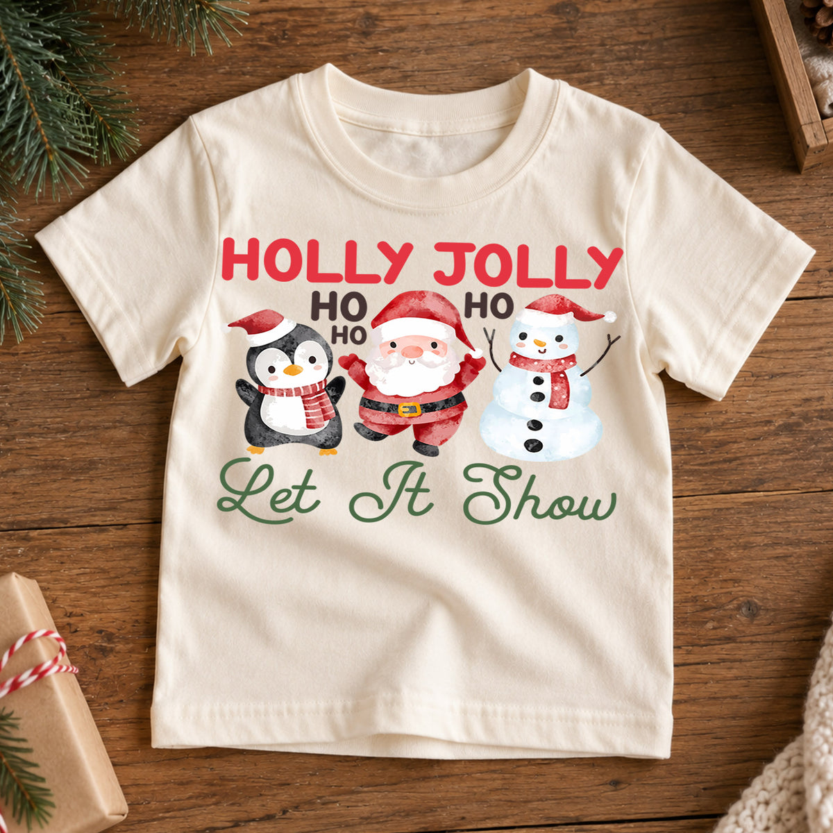 Christmas Kids Shirt, Holly Jolly Penguin Santa Snowman Tee, Cute Let It Snow Holiday Outfit, Cute Festive Winter Shirt for Boys Girls — product view 7