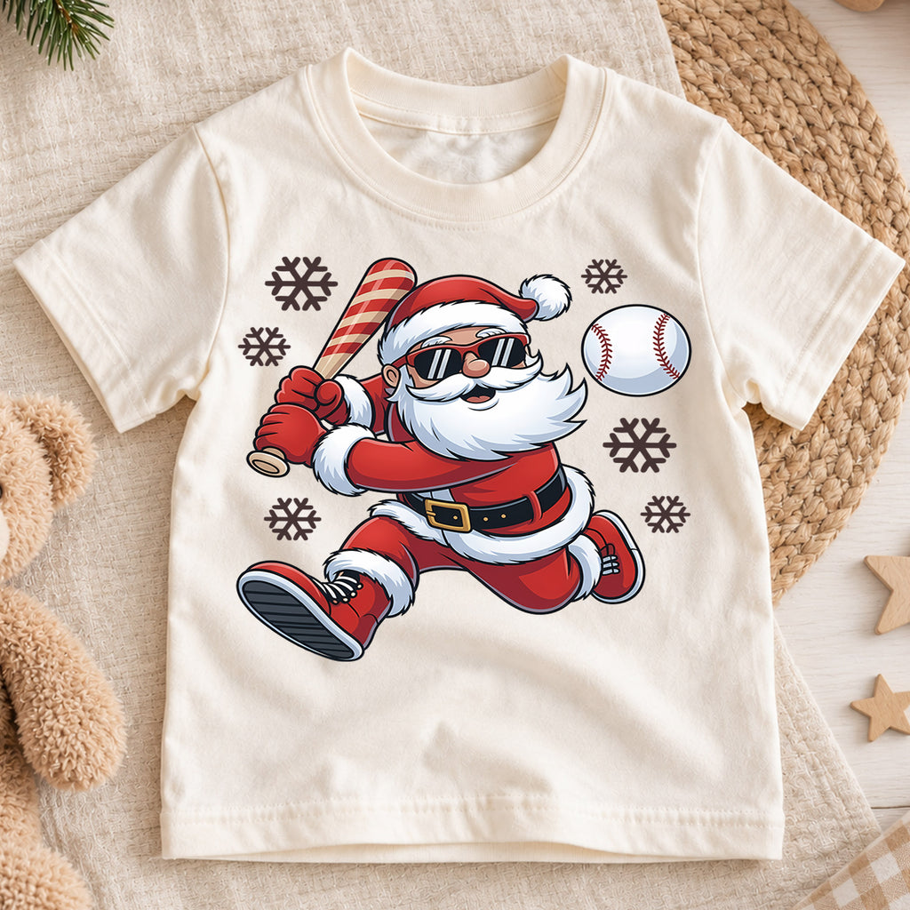 Cool Baseball Santa Claus Shirt, Sports Christmas Tee, Holiday Athletic Kids Top, Xmas Winter Sports Outfit, Gift For Sports Boy Kids Tee — product view 1