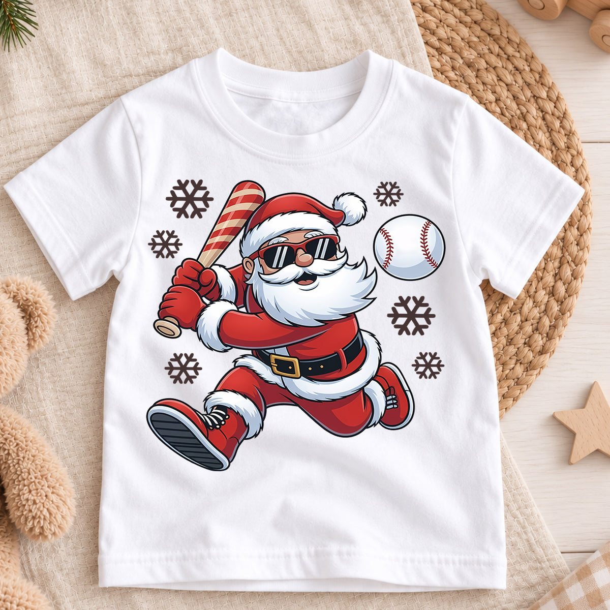 Cool Baseball Santa Claus Shirt, Sports Christmas Tee, Holiday Athletic Kids Top, Xmas Winter Sports Outfit, Gift For Sports Boy Kids Tee — product view 3