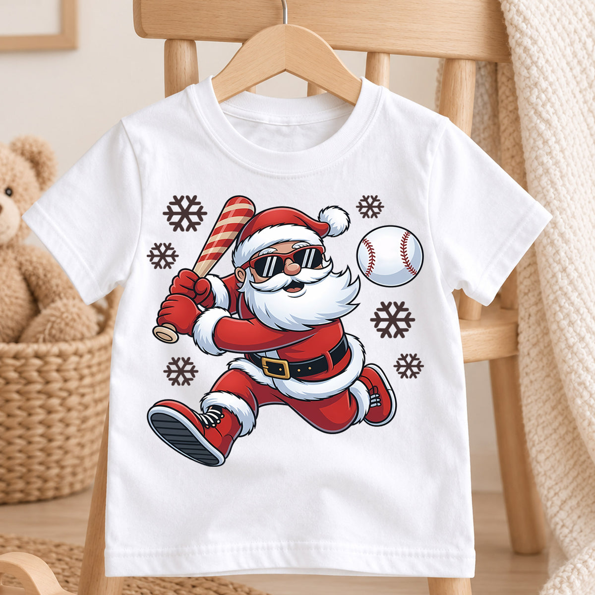 Cool Baseball Santa Claus Shirt, Sports Christmas Tee, Holiday Athletic Kids Top, Xmas Winter Sports Outfit, Gift For Sports Boy Kids Tee — product view 4