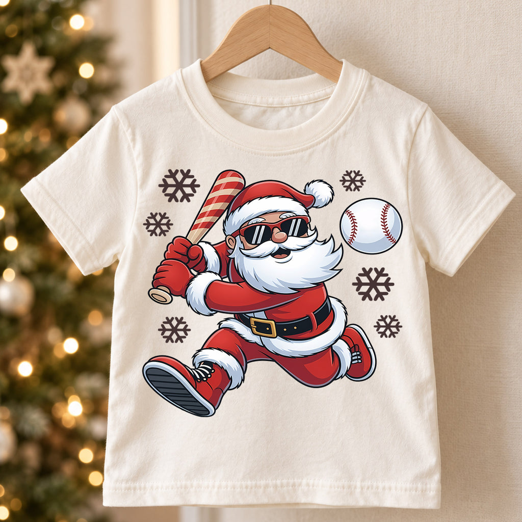 Cool Baseball Santa Claus Shirt, Sports Christmas Tee, Holiday Athletic Kids Top, Xmas Winter Sports Outfit, Gift For Sports Boy Kids Tee — product view 5