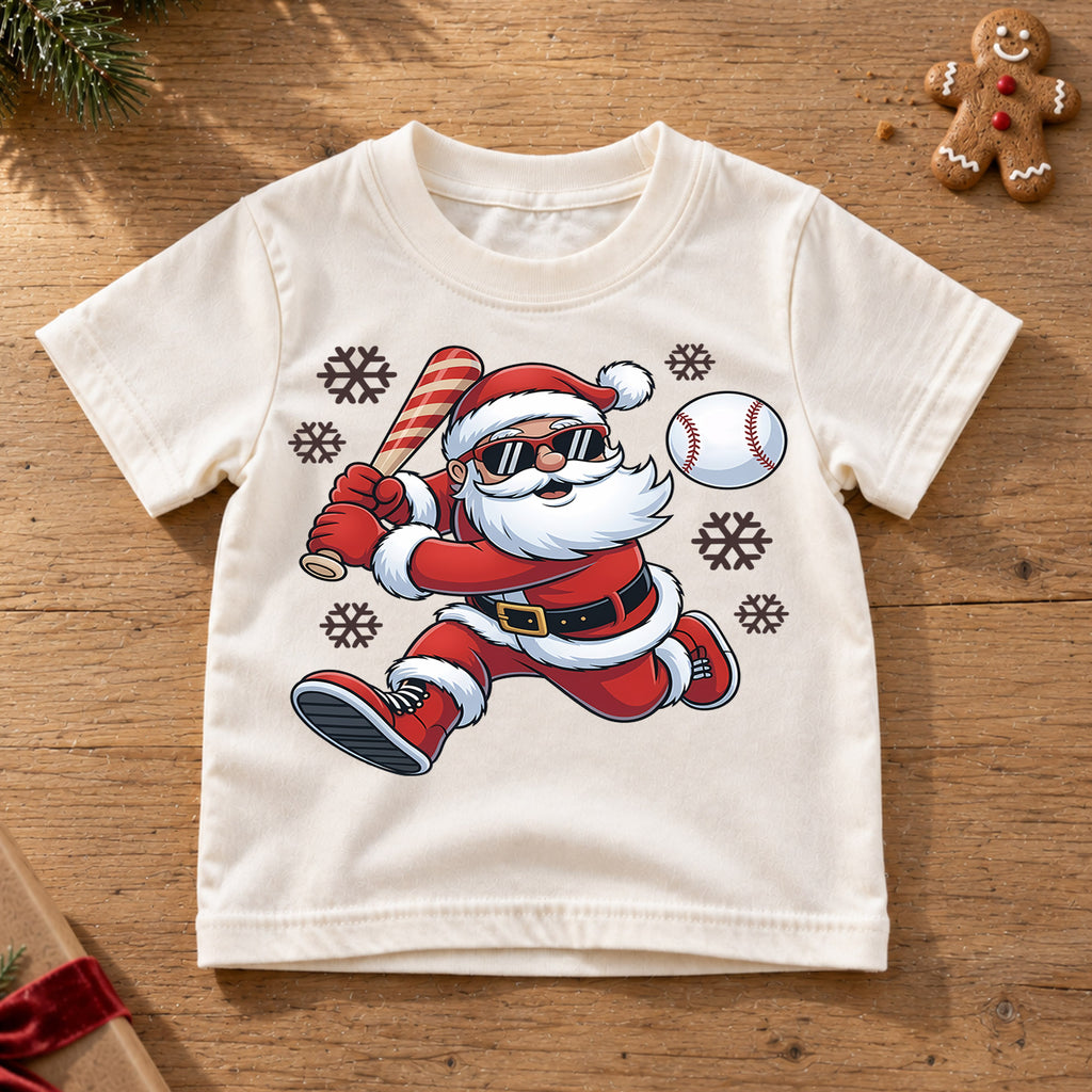 Cool Baseball Santa Claus Shirt, Sports Christmas Tee, Holiday Athletic Kids Top, Xmas Winter Sports Outfit, Gift For Sports Boy Kids Tee — product view 6