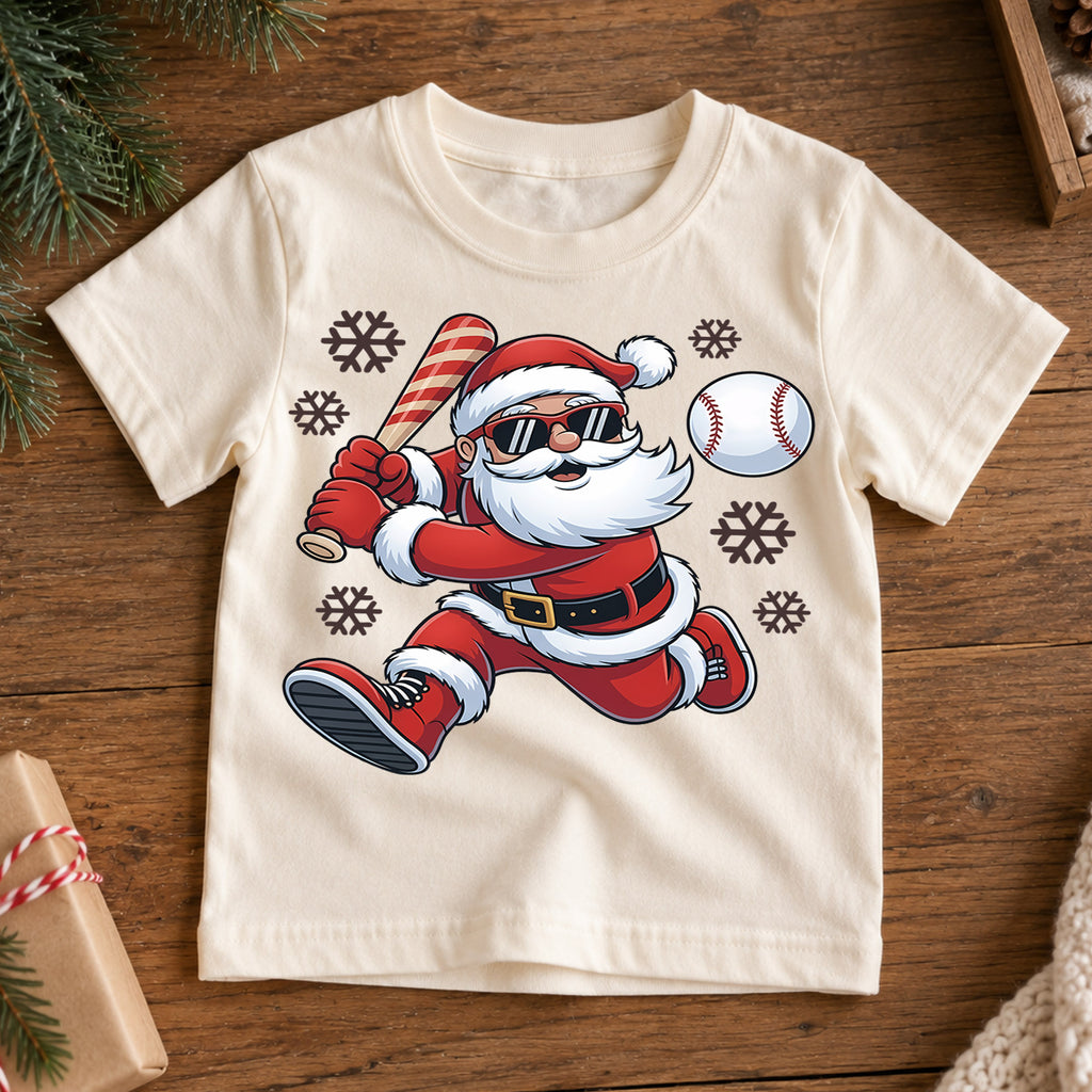 Cool Baseball Santa Claus Shirt, Sports Christmas Tee, Holiday Athletic Kids Top, Xmas Winter Sports Outfit, Gift For Sports Boy Kids Tee — product view 7