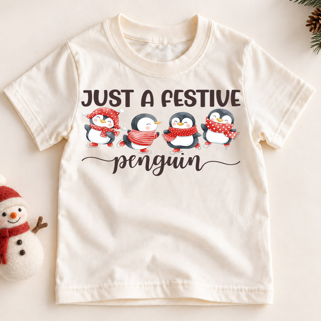 Christmas Kids Shirt, Festive Penguin Holiday Tee, Cute Winter Penguin Outfit, Christmas Party Shirt for Boys Girls, Cozy Seasonal Gift — product view 2