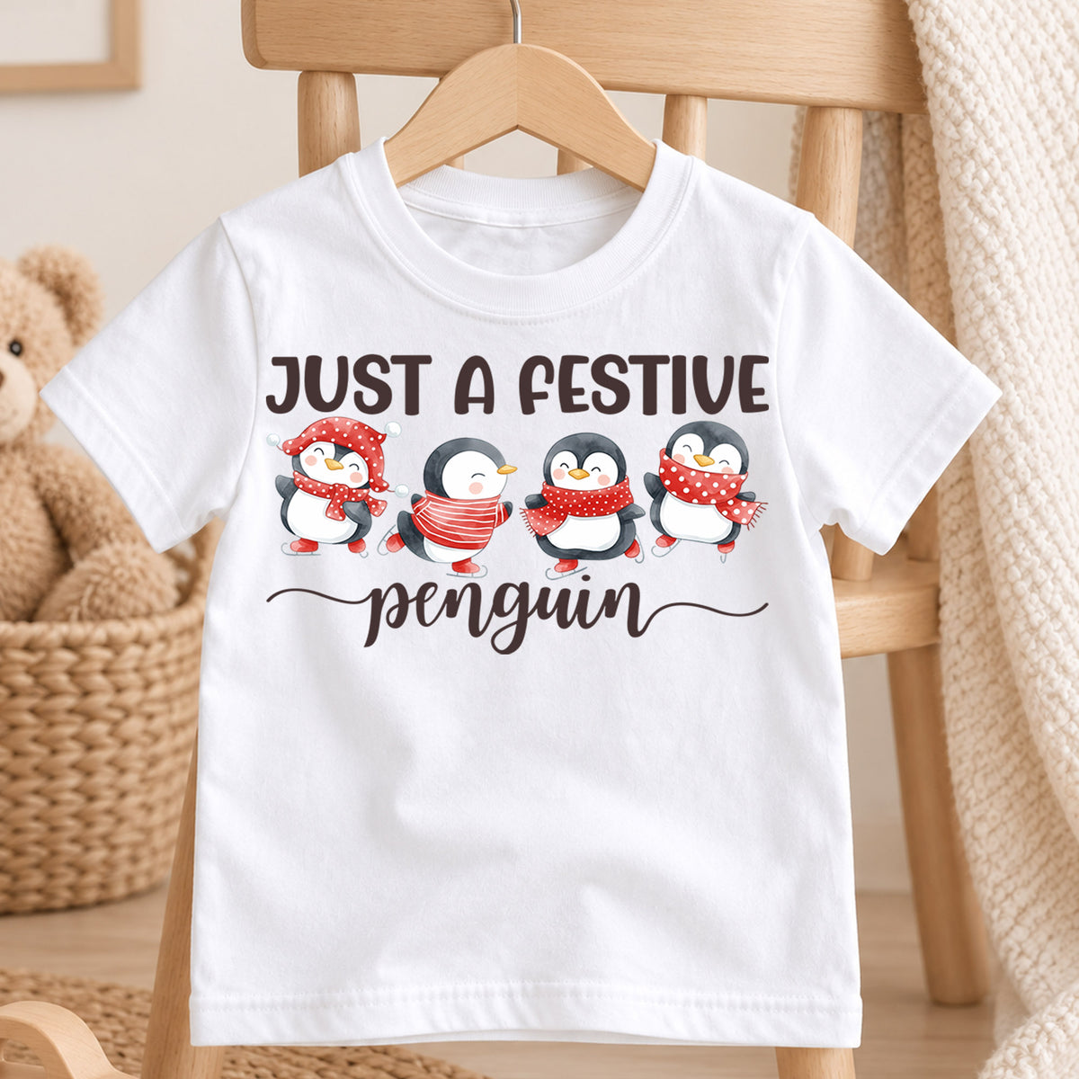 Christmas Kids Shirt, Festive Penguin Holiday Tee, Cute Winter Penguin Outfit, Christmas Party Shirt for Boys Girls, Cozy Seasonal Gift — product view 4
