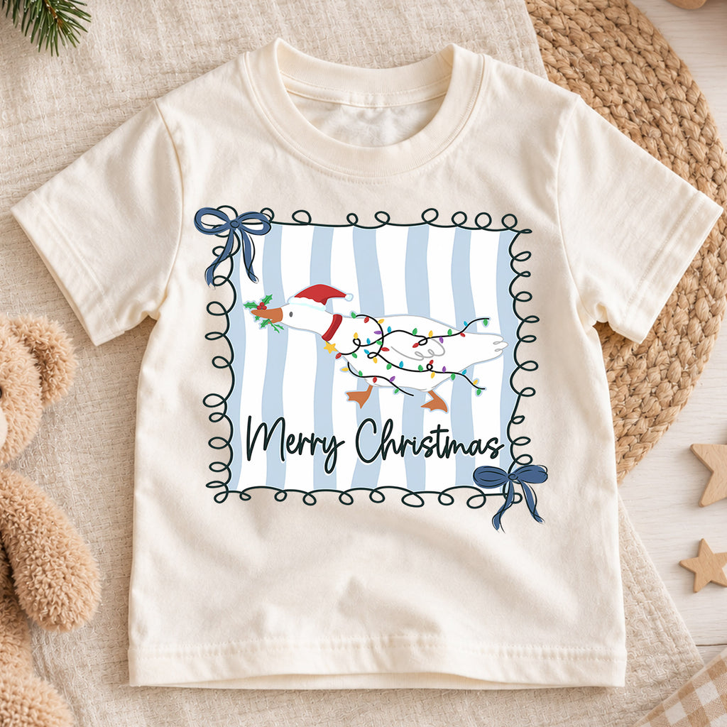 Merry Christmas Goose Kids Shirt, Christmas Lights Duck Tee, Blue Stripe Holiday Outfit for Boys Girls, Cute Festive Goose Xmas Gift — product view 1