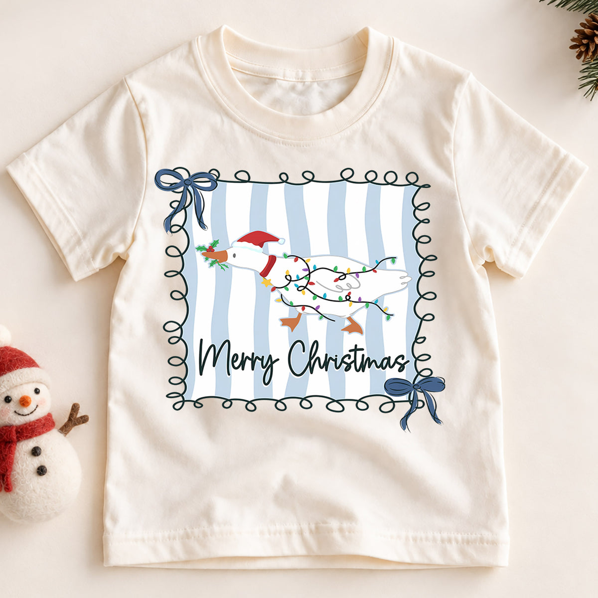 Merry Christmas Goose Kids Shirt, Christmas Lights Duck Tee, Blue Stripe Holiday Outfit for Boys Girls, Cute Festive Goose Xmas Gift — product view 2