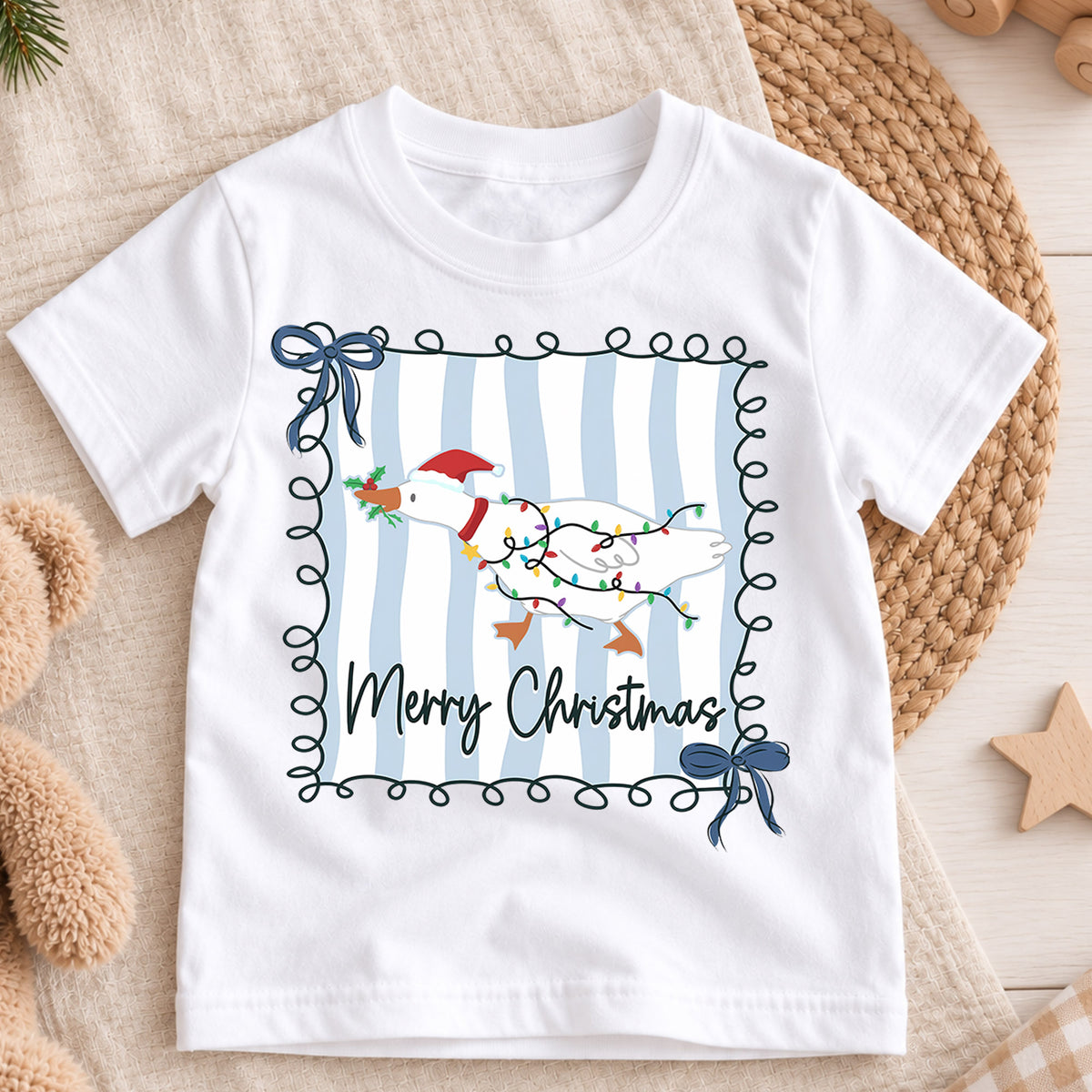 Merry Christmas Goose Kids Shirt, Christmas Lights Duck Tee, Blue Stripe Holiday Outfit for Boys Girls, Cute Festive Goose Xmas Gift — product view 3