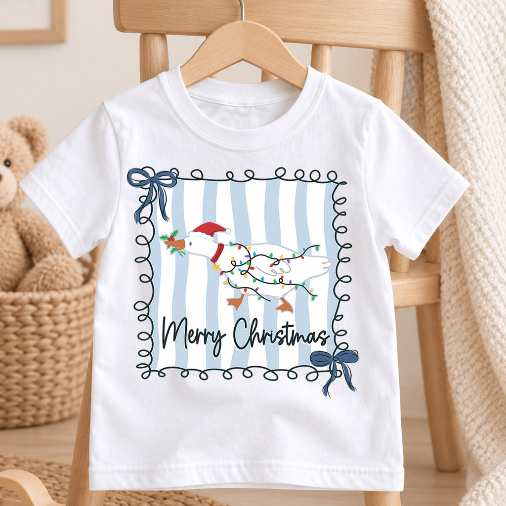 Merry Christmas Goose Kids Shirt, Christmas Lights Duck Tee, Blue Stripe Holiday Outfit for Boys Girls, Cute Festive Goose Xmas Gift — product view 4