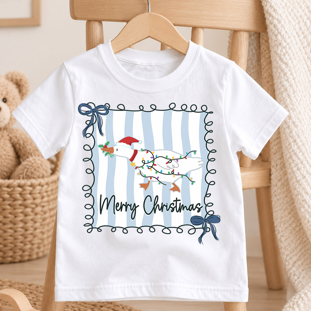 Merry Christmas Goose Kids Shirt, Christmas Lights Duck Tee, Blue Stripe Holiday Outfit for Boys Girls, Cute Festive Goose Xmas Gift — product view 4