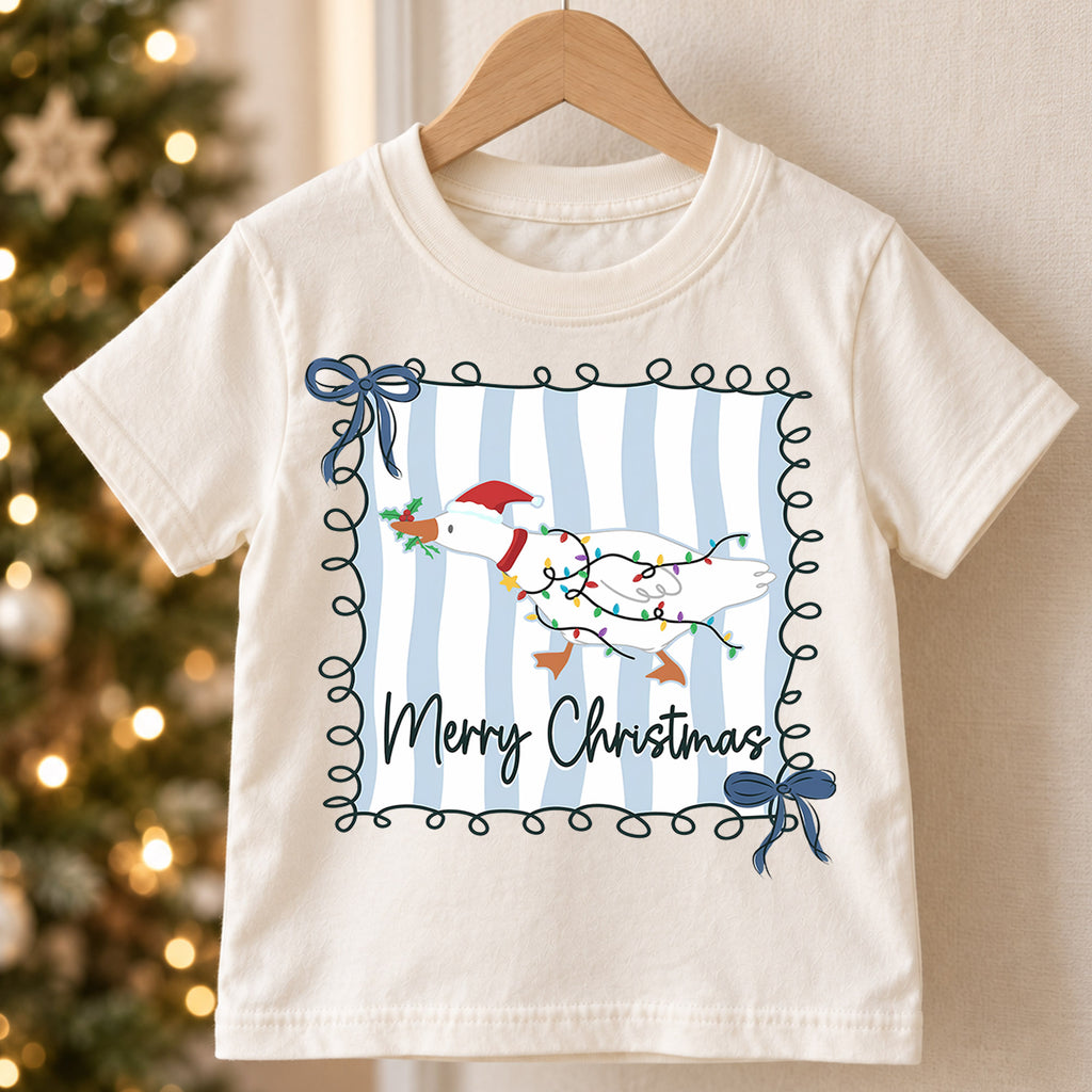 Merry Christmas Goose Kids Shirt, Christmas Lights Duck Tee, Blue Stripe Holiday Outfit for Boys Girls, Cute Festive Goose Xmas Gift — product view 5