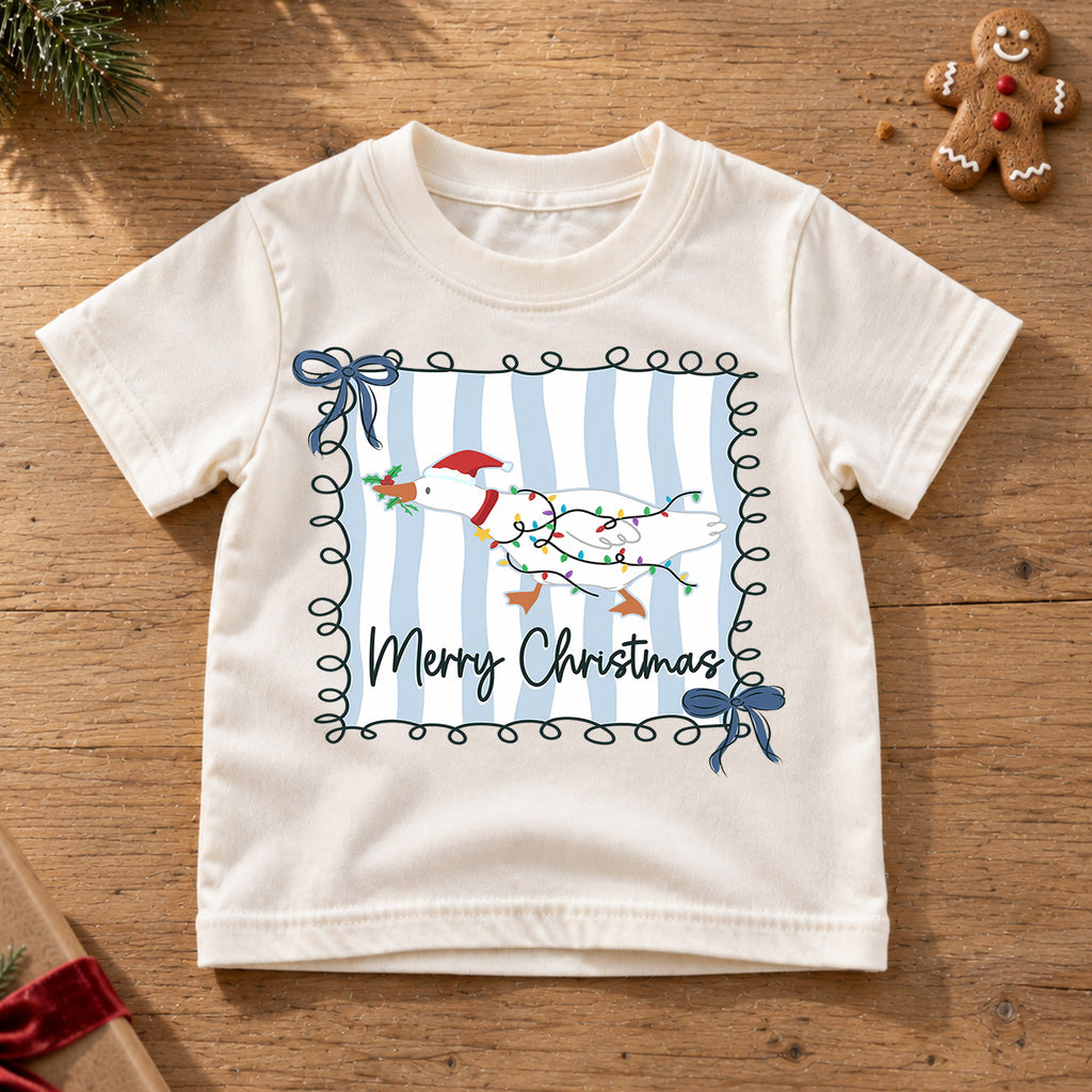 Merry Christmas Goose Kids Shirt, Christmas Lights Duck Tee, Blue Stripe Holiday Outfit for Boys Girls, Cute Festive Goose Xmas Gift — product view 6