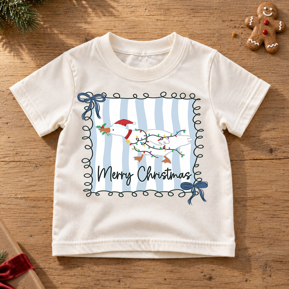 Merry Christmas Goose Kids Shirt, Christmas Lights Duck Tee, Blue Stripe Holiday Outfit for Boys Girls, Cute Festive Goose Xmas Gift — product view 6